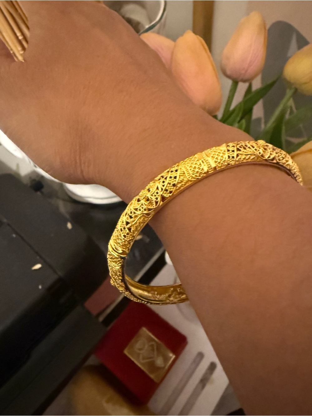 Gold Filigree Women's Bangle Bracelet - Elegant Statement Jewelry
